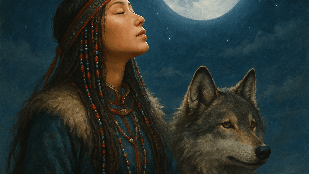 A lovely young unangax girl talks to the moon, her faithful wolf beside her