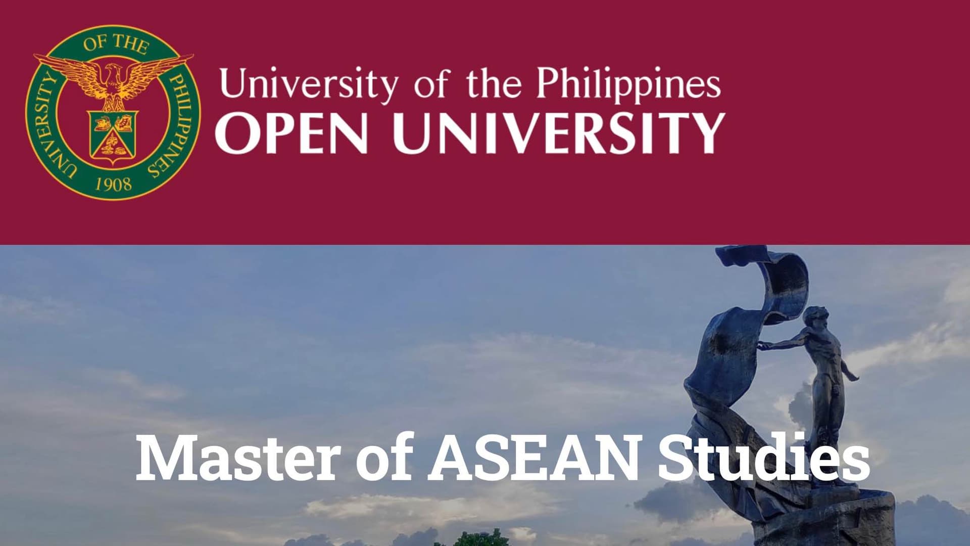 Showcases name of the university and one of the post-graduate programs offered there.