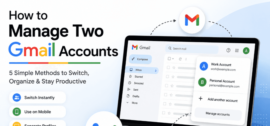Illustration of a laptop showing multiple Gmail accounts, profile switching, email management, and secure Gmail backup options.