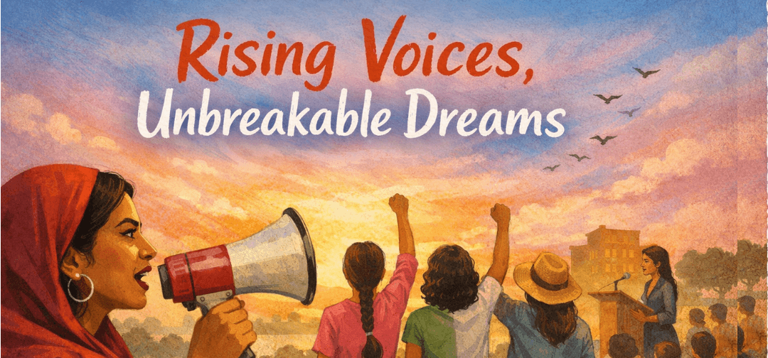 A determined woman raises her voice through a megaphone as girls and women stand together, symbolizing courage, unity, and the power of speaking up. The warm sky reflects hope, change, and a future shaped by fearless voices.