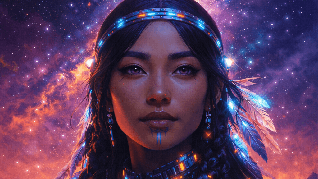 Unangax woman shining with the light of the galaxy