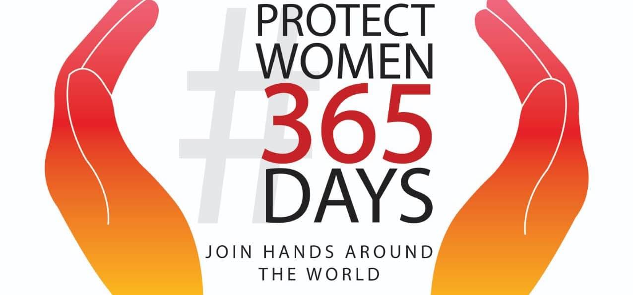 A graphic showing two open hands on either side of the text “Protect Women 365 Days” with the words “Join Hands Around the World” below. The image represents protection, unity, and a global call to end gender-based violence.