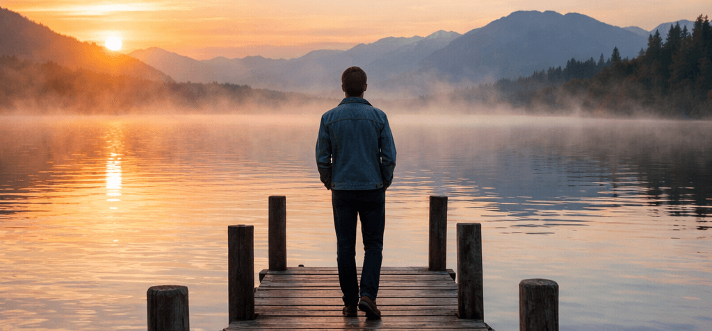 A person standing on a wooden dock facing a calm lake during sunrise, surrounded by mountains and soft morning light.