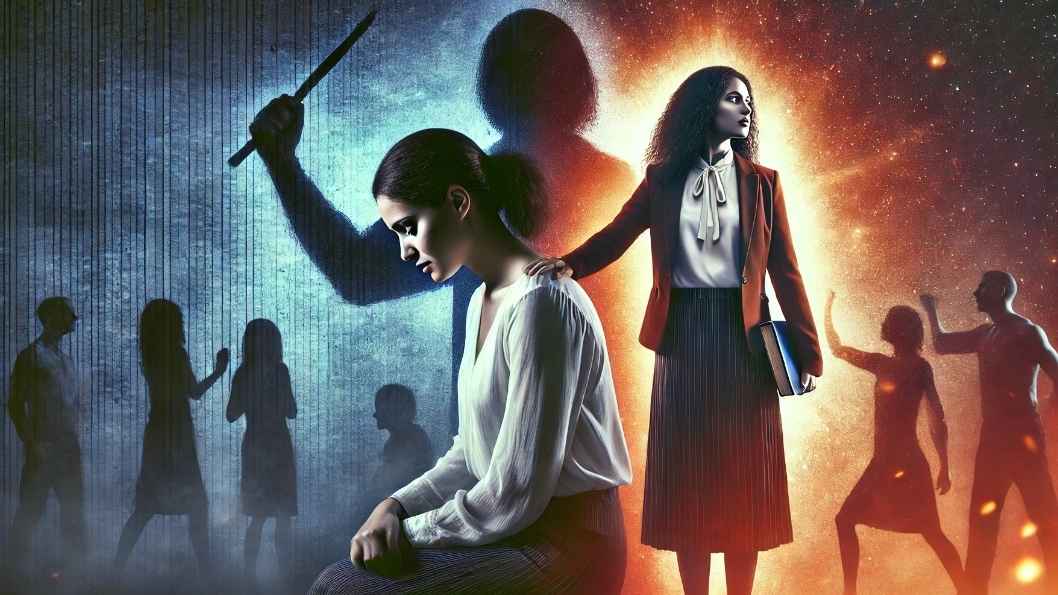 The image represents the contrast between a woman experiencing violence and the same woman empowered. It captures the journey from pain to power