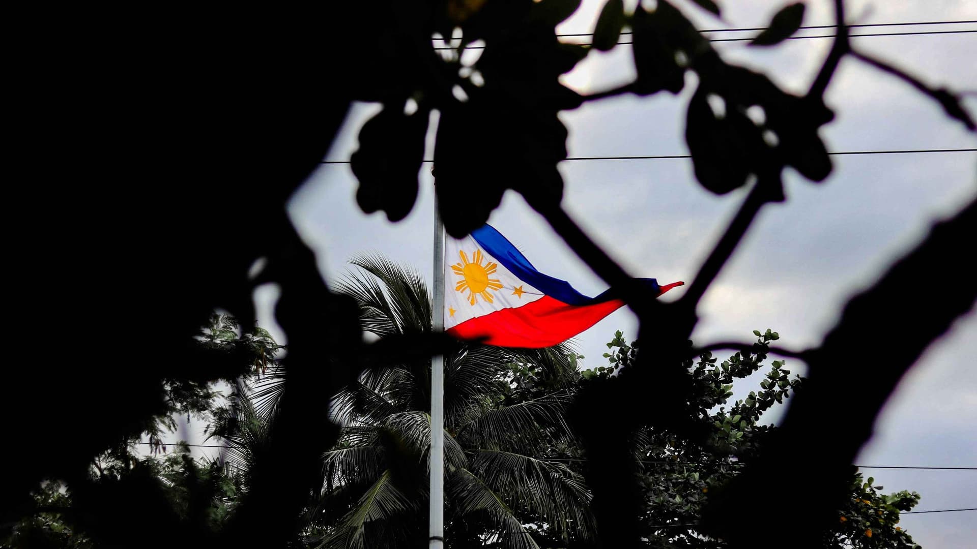 The Philippine flag waving in the wind, seen through the silhouette of tree branches and leaves. The flagpole is surrounded by tropical foliage, including palm trees, under a cloudy sky.