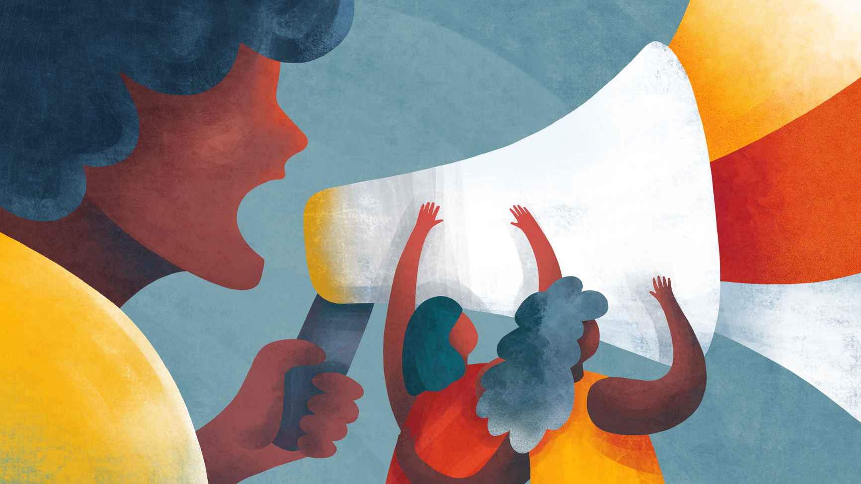 Illustration shows a woman holding a megaphone. Two other women are lifting up the megaphone, illustrating sisterhood.