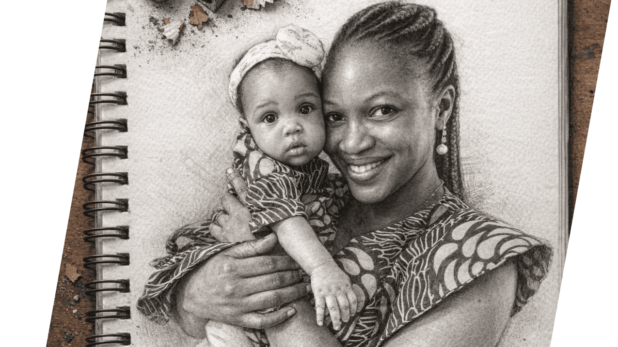 3D graphics pencil sketch on notebook of a smiling mother holding her baby close