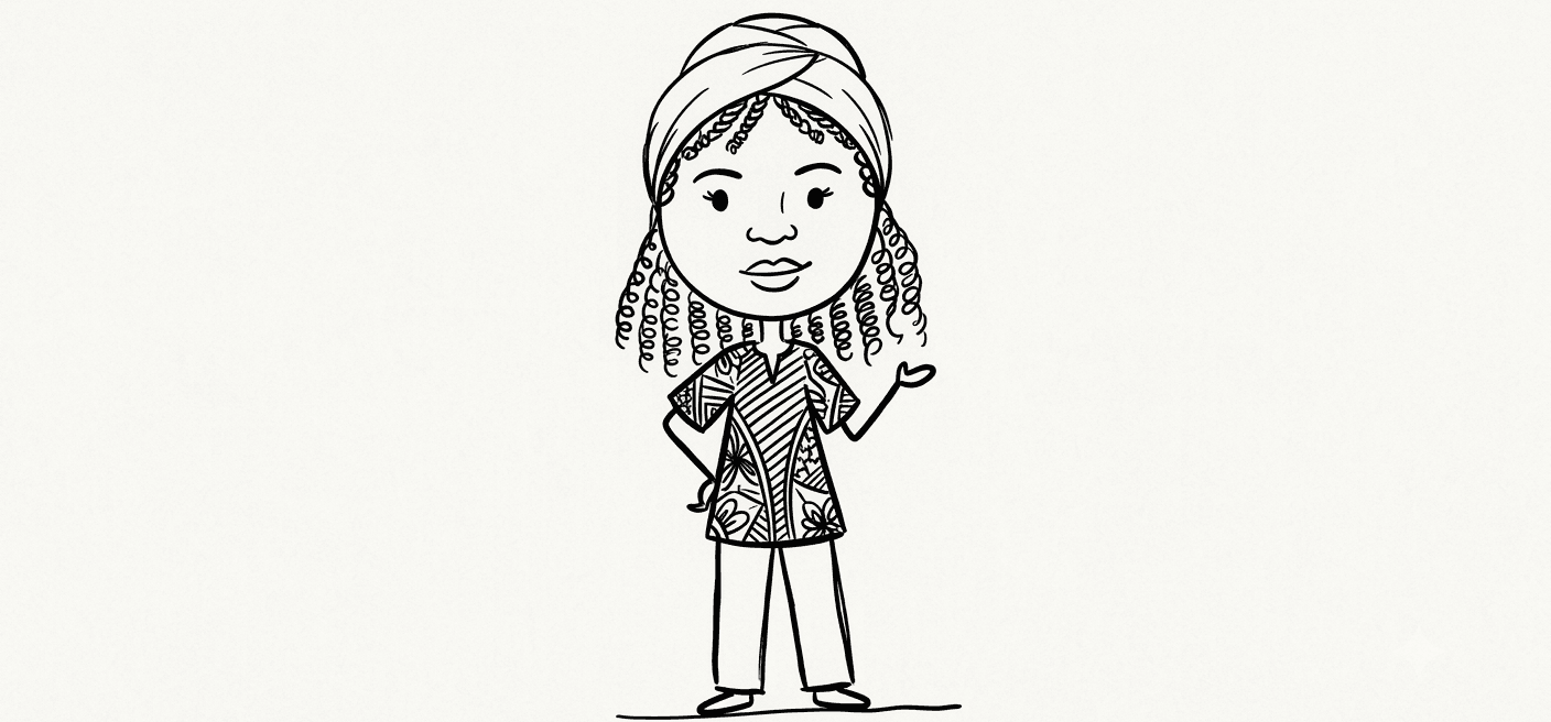 A black-and-white cartoon image of a lady with a head turban with her curly hair streaming out at the back, tunic and trousers