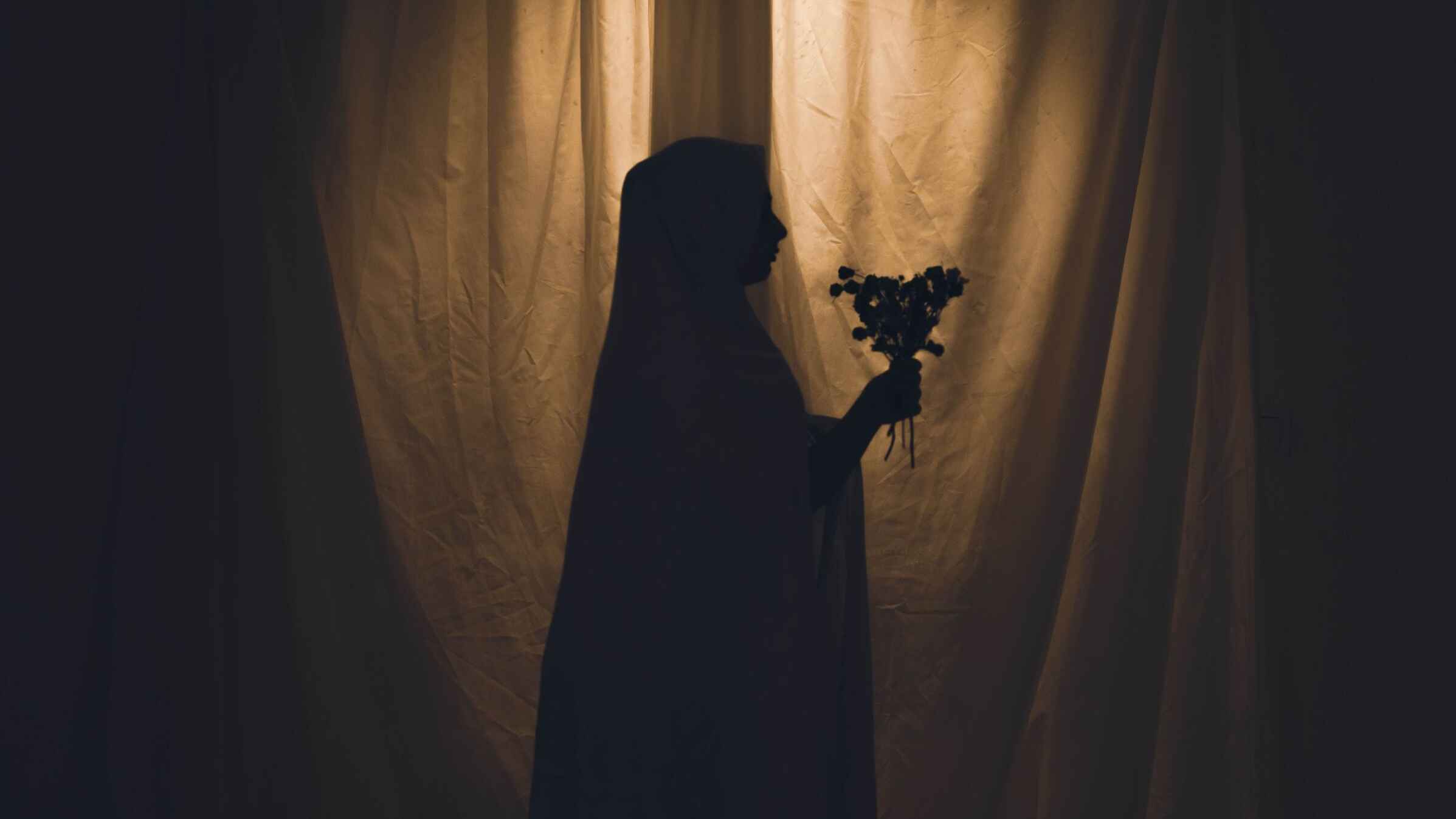 The silhouette of a girl in dim light, wearing a veil and holding flowers in her hand.
