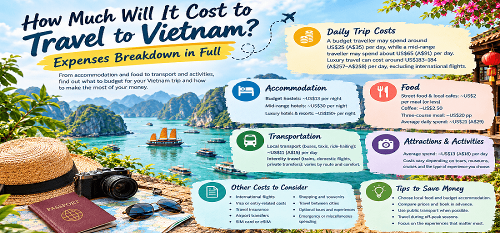 A vibrant Vietnam travel cost infographic featuring the scenic landscapes of Ha Long Bay with turquoise water, limestone islands, traditional boats, and tropical greenery