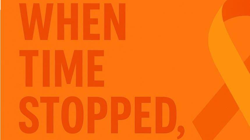 A bright orange square graphic featuring an orange awareness ribbon and bold text that reads: ‘When Time Stopped, Hope Didn’t.’ The design represents hope and the 16 Days of Activism.