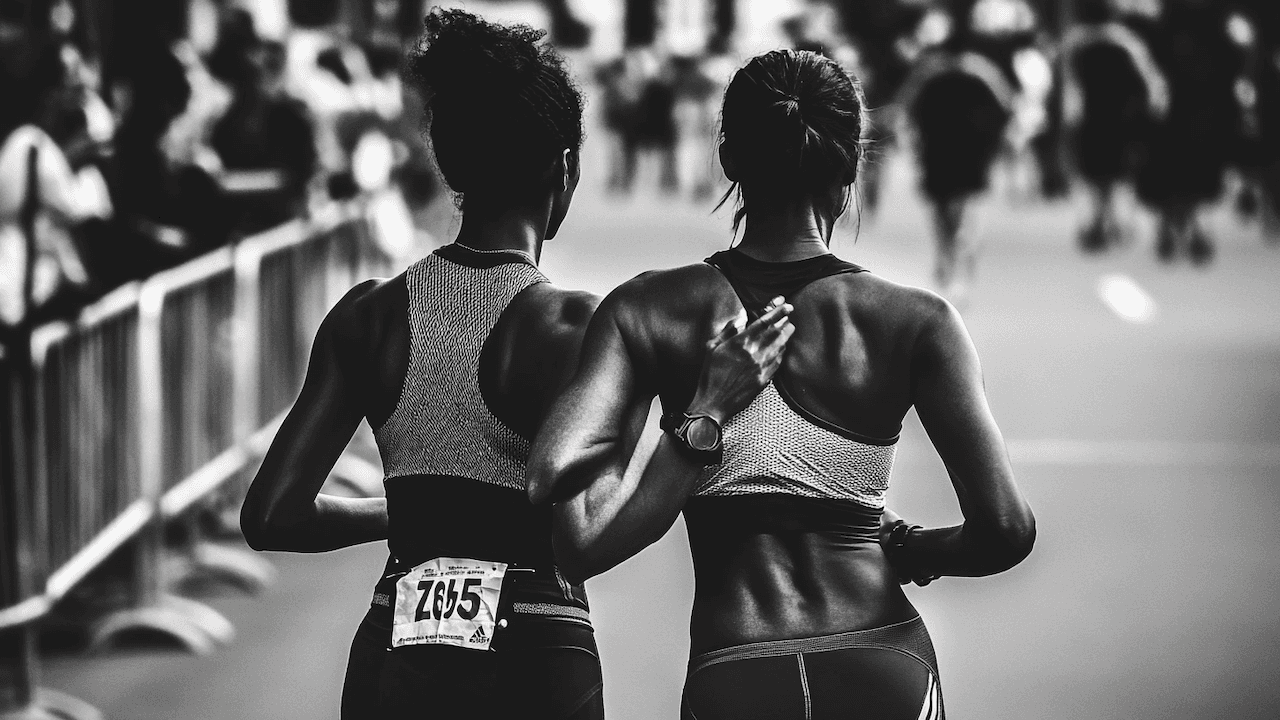 2 women athletes running together towards the finish line
