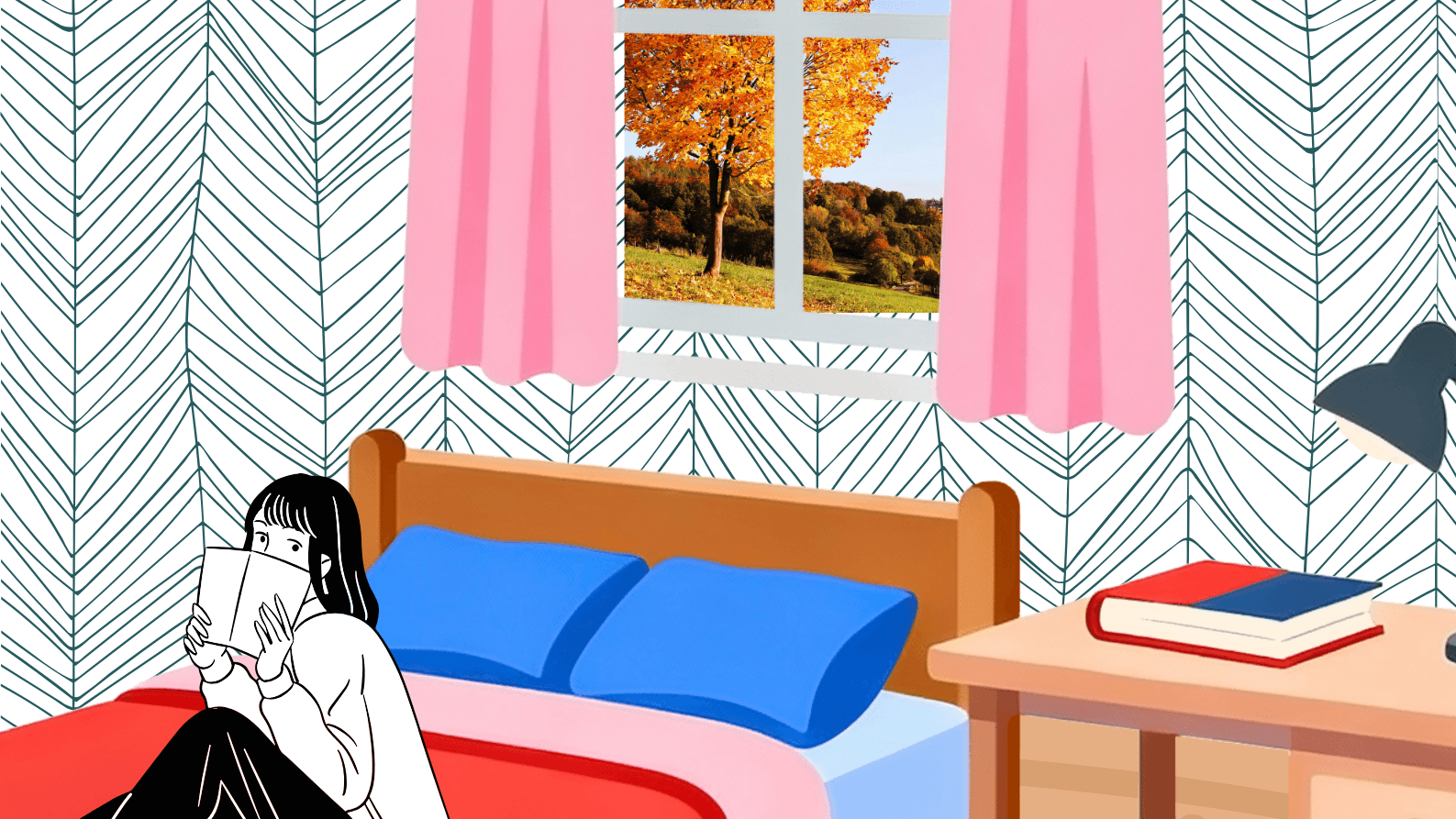 Illustration of a person sitting on a bed in a quiet bedroom, reading a book. The room has pink curtains, a window showing autumn trees, and a desk with books.